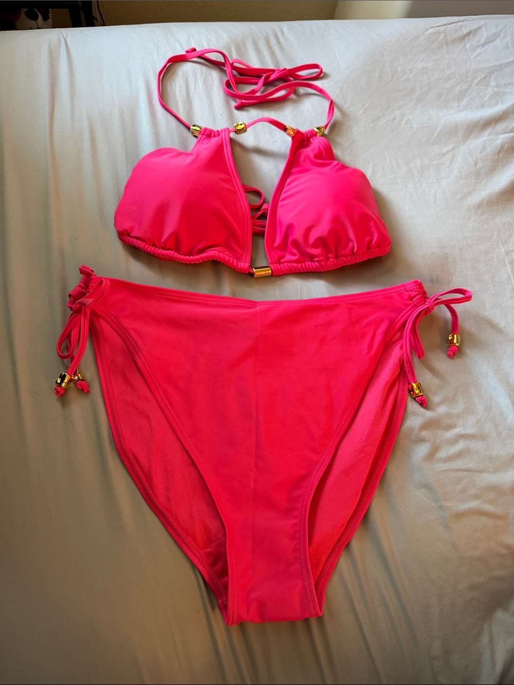 NWT Hot Pink High Waisted Halter Bikini Set with Gold Hardware Size L